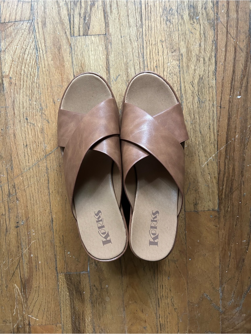 Korks Women's Brown Crisscross Slide Mules Wedge Sandals